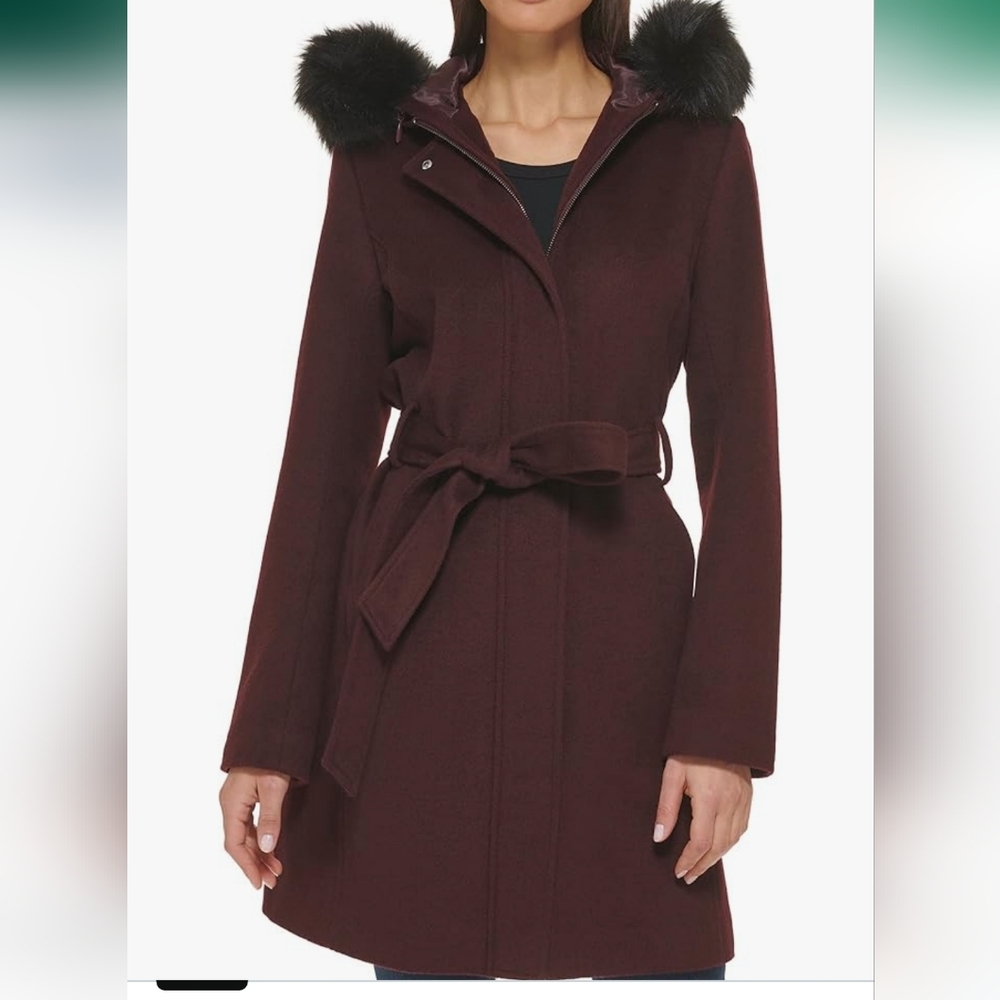 Cole Haan Slick Wool Coat Hooded Belted Lined Long Burgandy